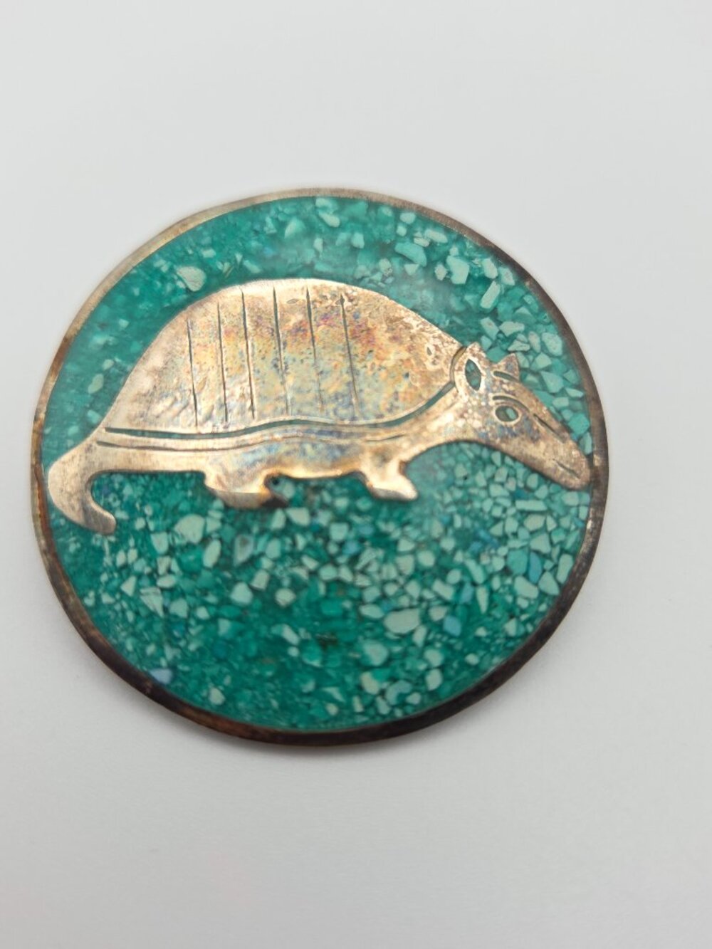 Vintage Mexican Alpaca Silver Armadillo Brooch | Turquoise Chip Inlay | Mid Cent